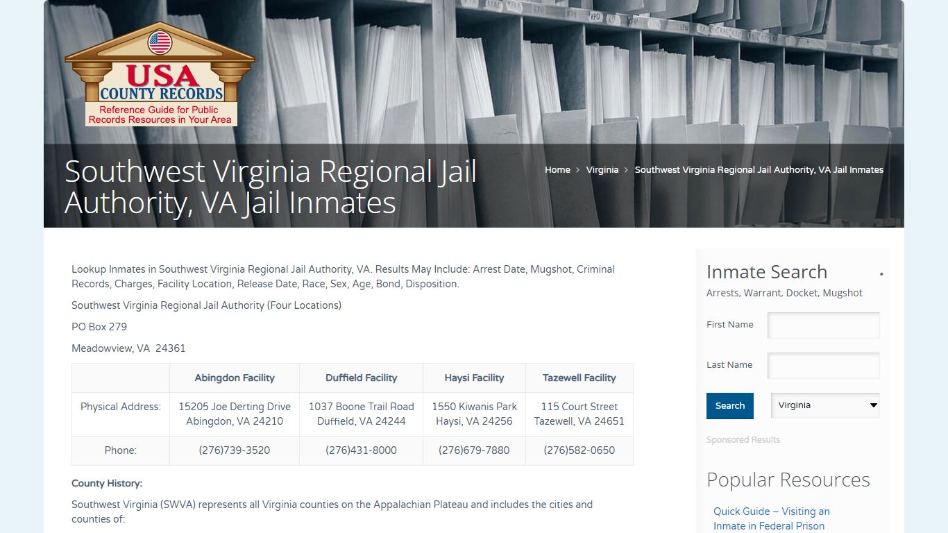 Southwest Virginia Regional Jail Authority, VA Jail Inmates
